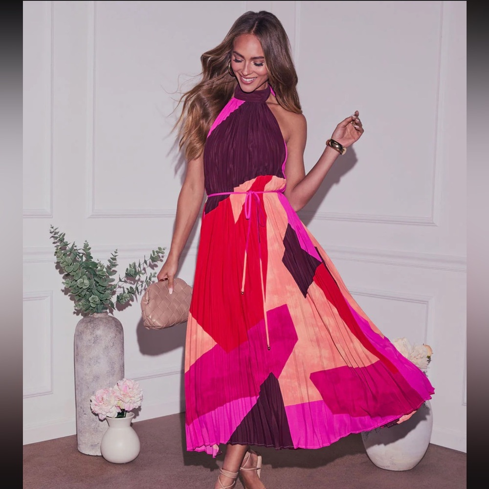 VICI Colorful Halter Neck Pleated Dress